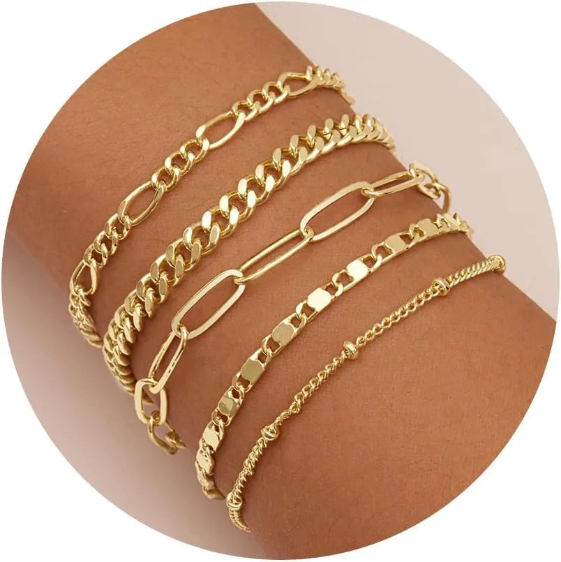 Gold Bracelets Set for Women,14K Gold Plated Dainty Gold Link Chain Bracelets Trendy Stackable Gold Cuff Bracelets Jewelry Gifts RkShop